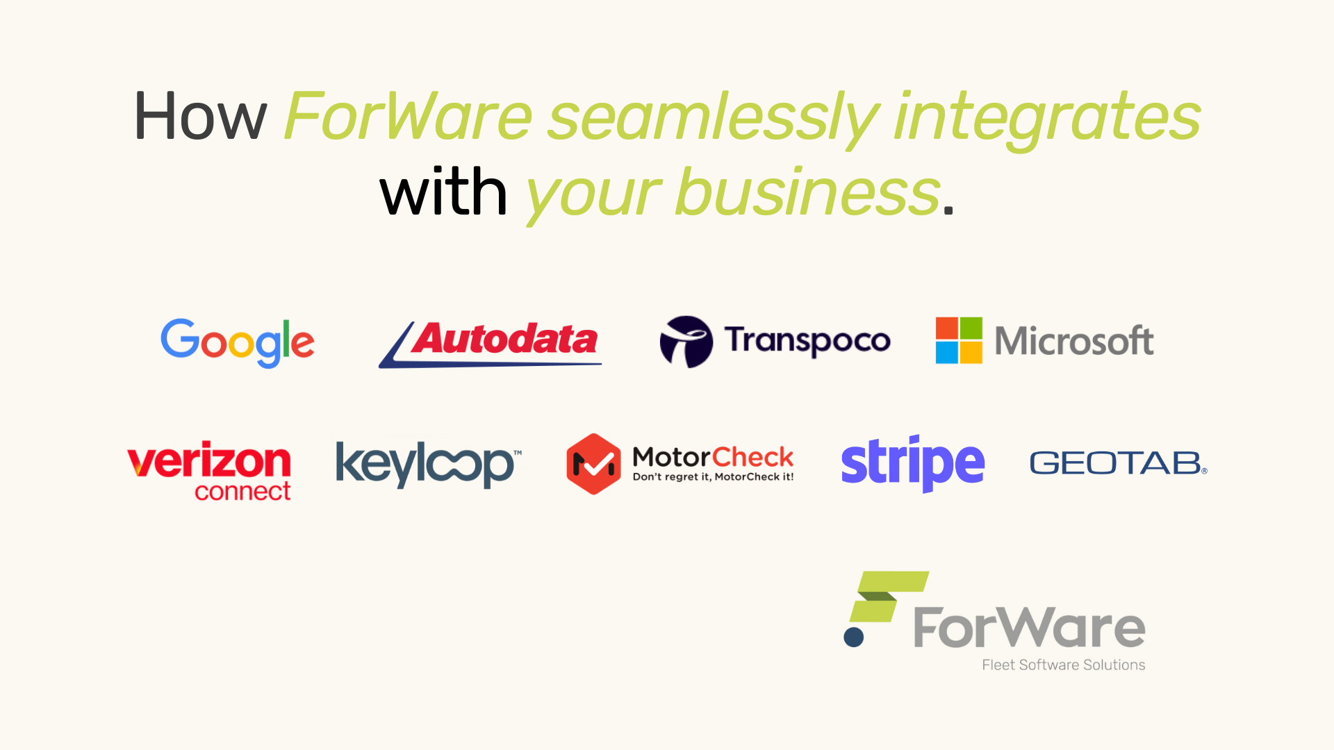 A display of logos from Google, Autodata, Transpoco, Microsoft, Keyloop, MotorCheck, Stripe, with the heading 'ForWare seamlessly integrates with your business.'
